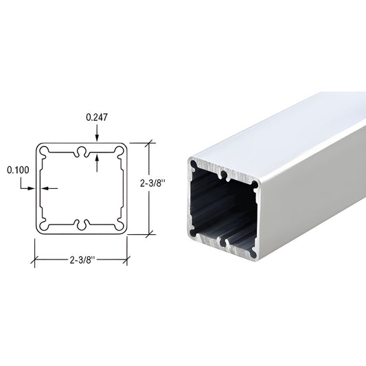 PHD241S silver metallic 2-3/8" square aluminum post tubing, heavy-duty extruded profile shown with end view and diagram