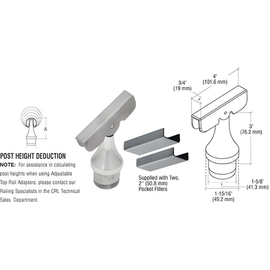 CR15TAABS adjustable 90 brushed stainless steel top rail adapter for 1-1/2" posts, fits 2-4" cap rails; includes two 2" pock