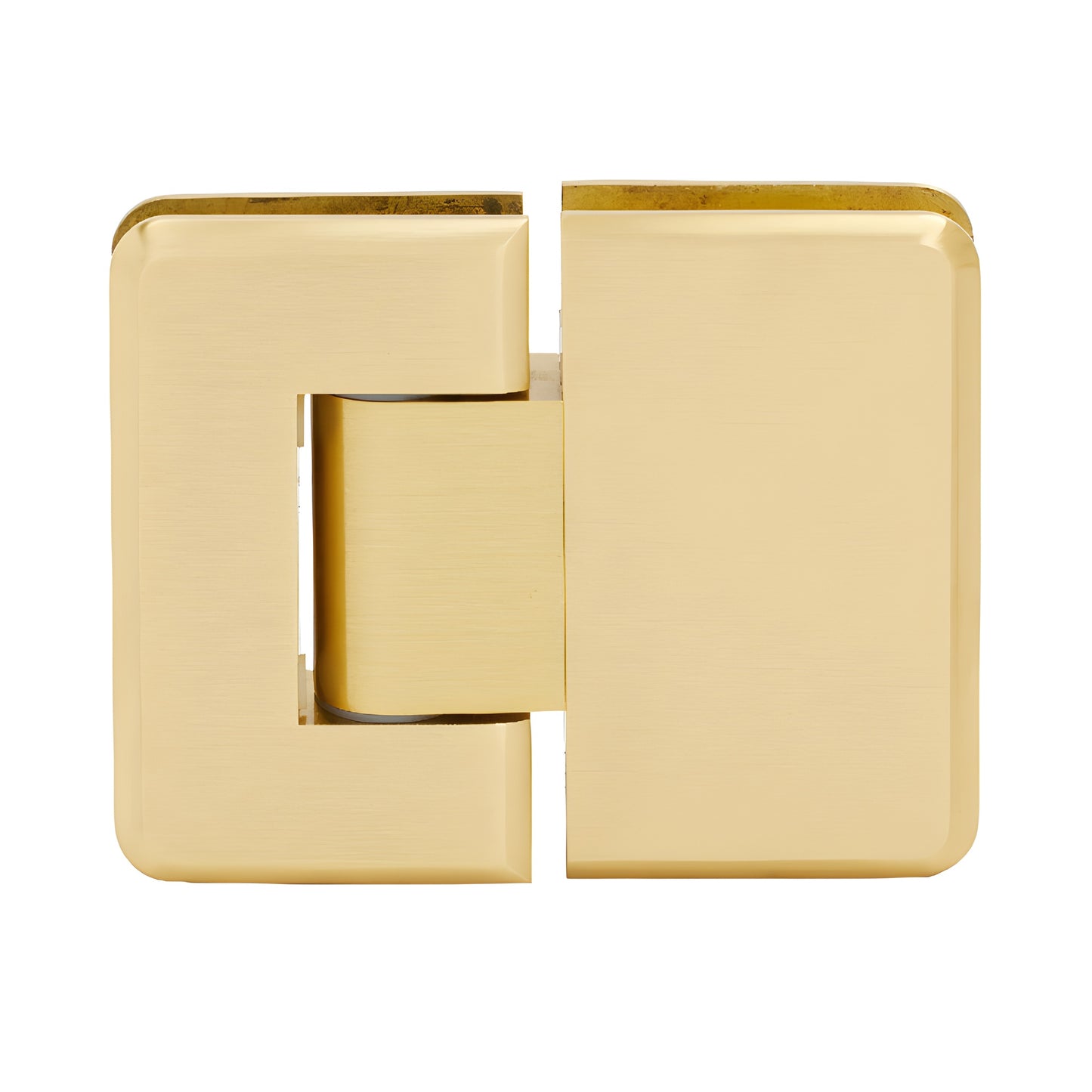 Satin brass Pinnacle adjustable glass-to-glass shower hinge (P1N380SB), solid brass beveled edge, self-centering