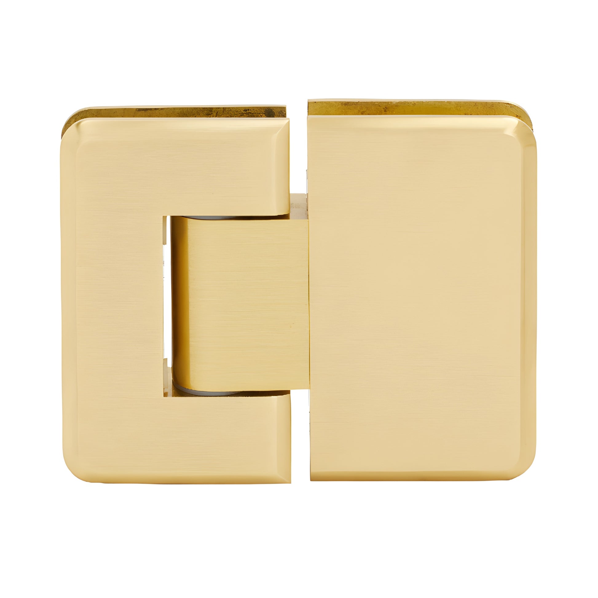 Satin brass Pinnacle adjustable glass-to-glass shower hinge (P1N380SB), solid brass beveled edge, self-centering