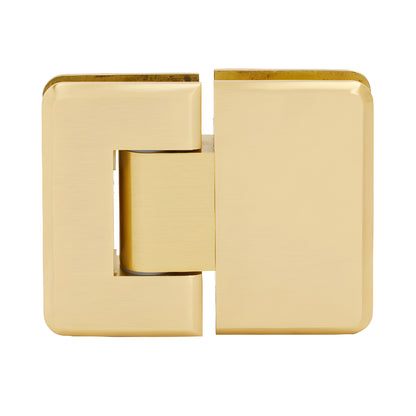 Satin brass Pinnacle adjustable glass-to-glass shower hinge (P1N380SB), solid brass beveled edge, self-centering