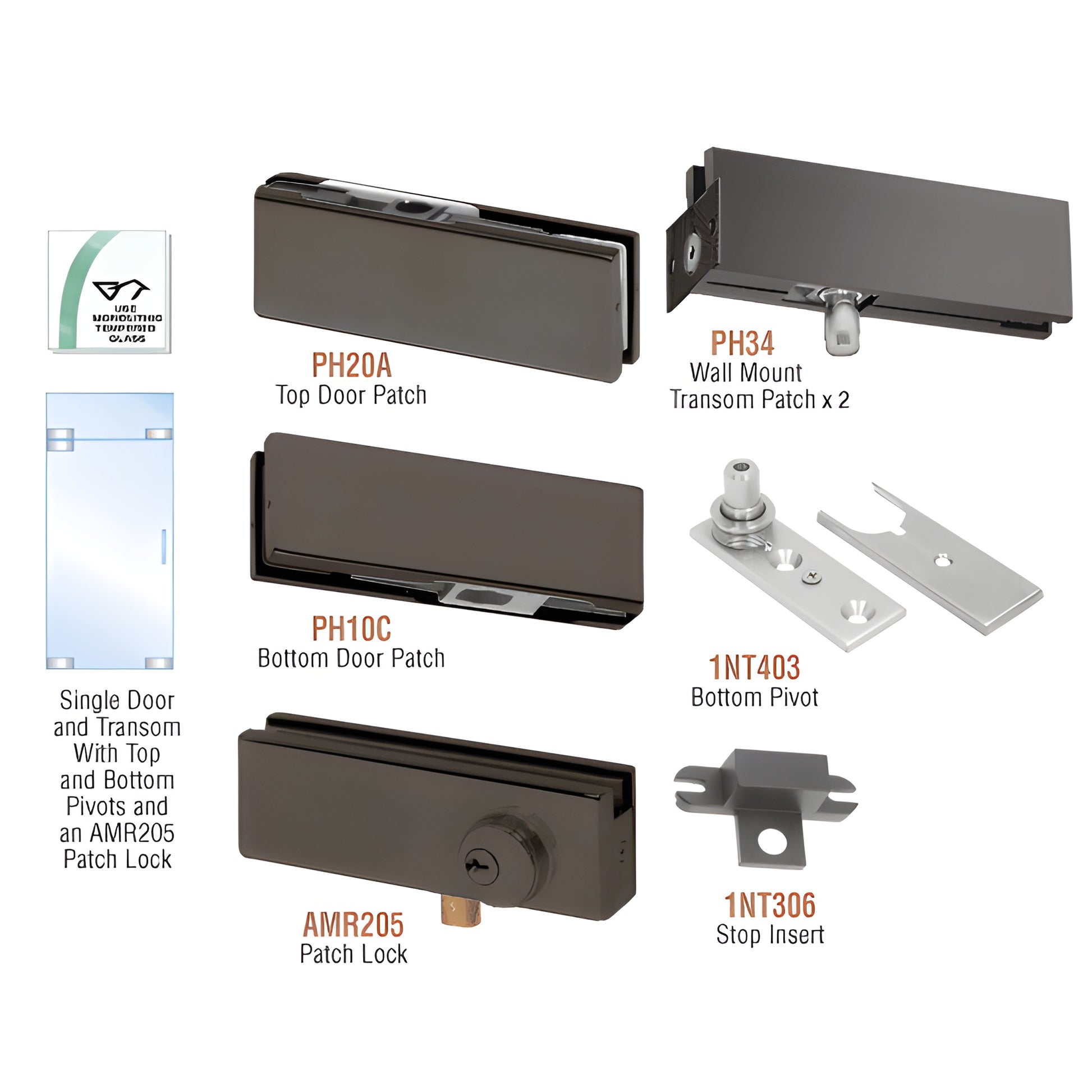 CRL PHA3LDU black bronze patch door kit for single glass door with transom, includes top/bottom patches, transom patches, piv