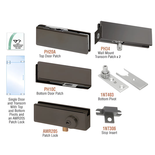 CRL PHA3LDU black bronze patch door kit for single glass door with transom, includes top/bottom patches, transom patches, piv