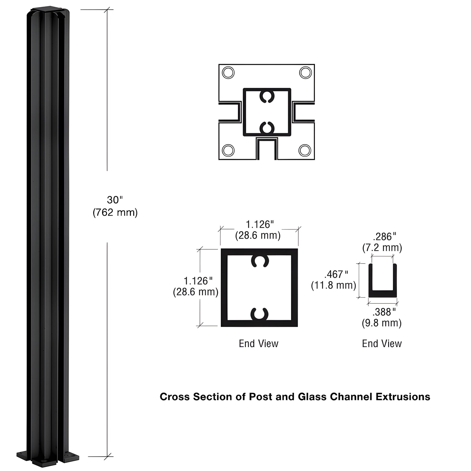 D990BL303W semi-gloss black 3-way aluminum partition post, 30 in. tall with glazing channels and square base.