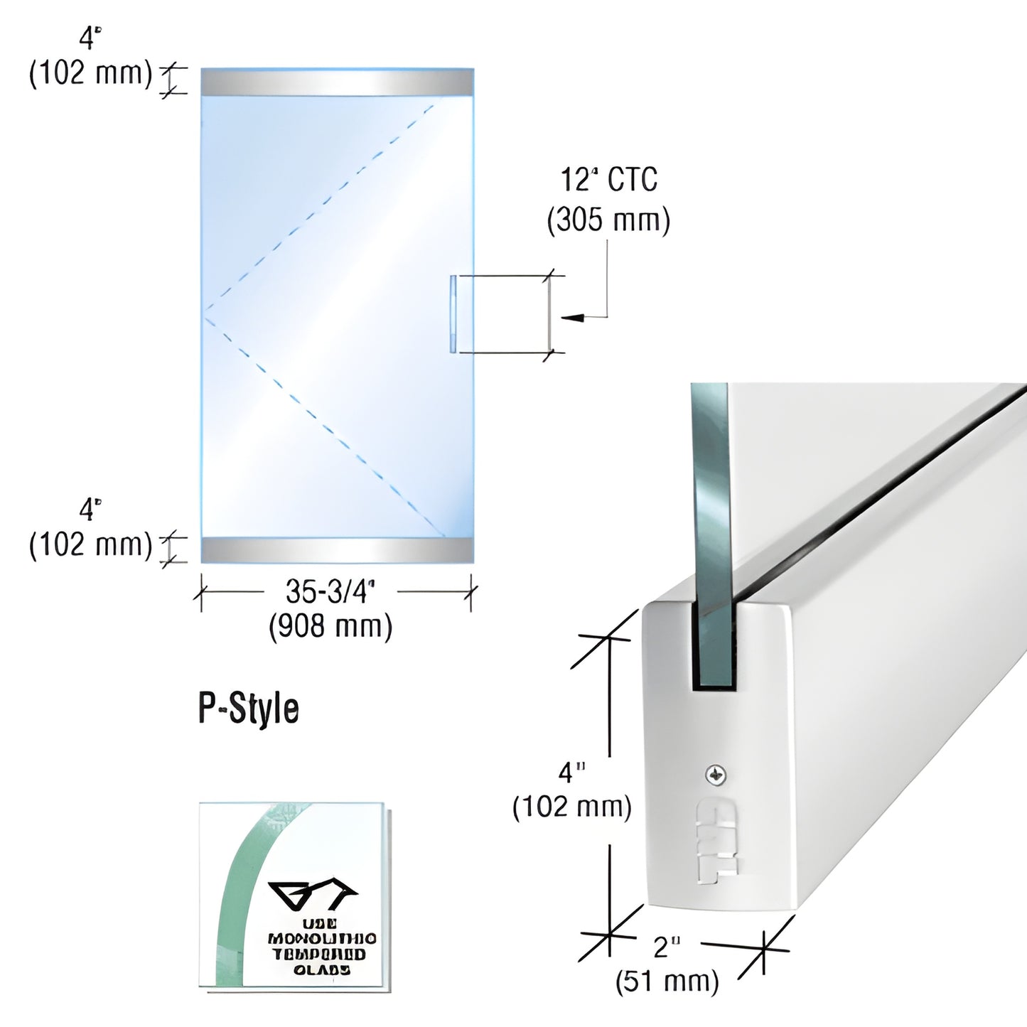 P4PS12S P-style frameless glass door kit with polished stainless dry-glaze rails, 1/2" glass, 35-3/4" net width.