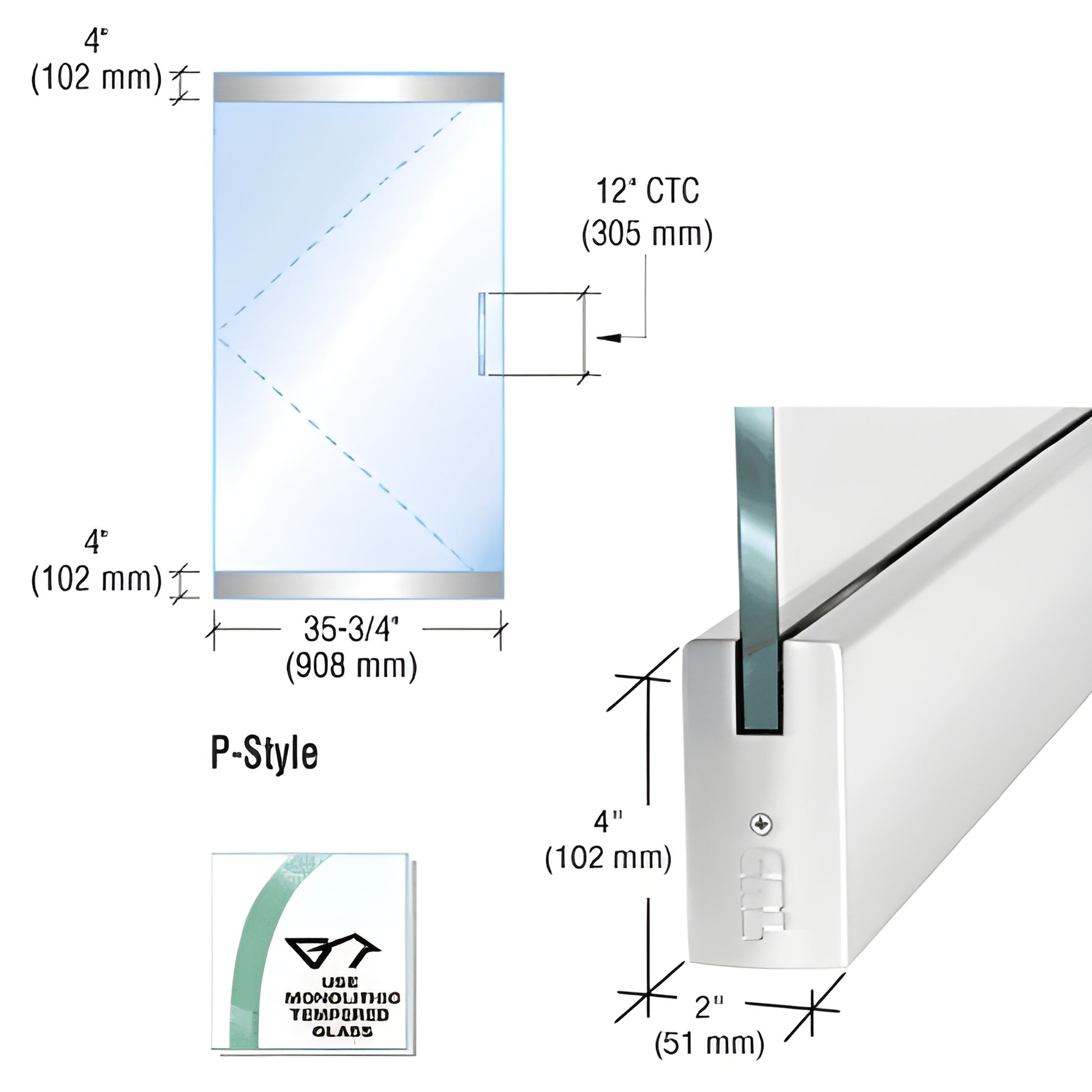 P4PS12S P-style frameless glass door kit with polished stainless dry-glaze rails, 1/2" glass, 35-3/4" net width.