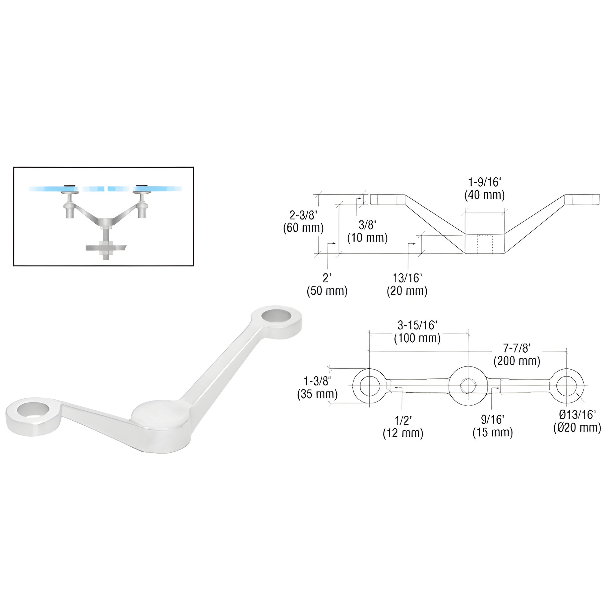 CRL stainless steel double-arm glass fitting PMR2PS for mounting two 1/2" (12mm) glass panels to a center post.