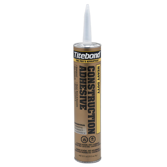 Titebond heavy duty construction adhesive cartridge (10.5 oz), tan can with tall white nozzle.