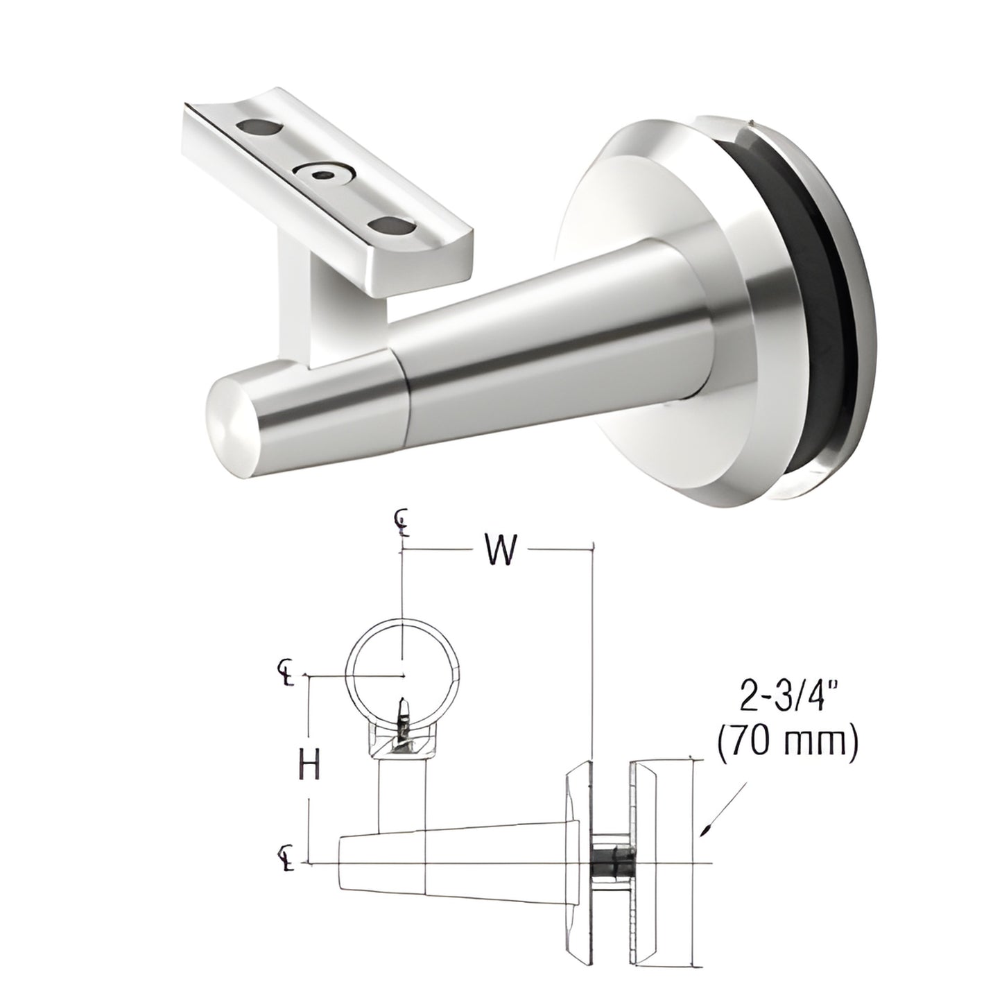 Polished stainless steel glass-mounted handrail bracket for 1/2-3/4 glass, fits 11 2-2 tubing - SKU WBNSCPS