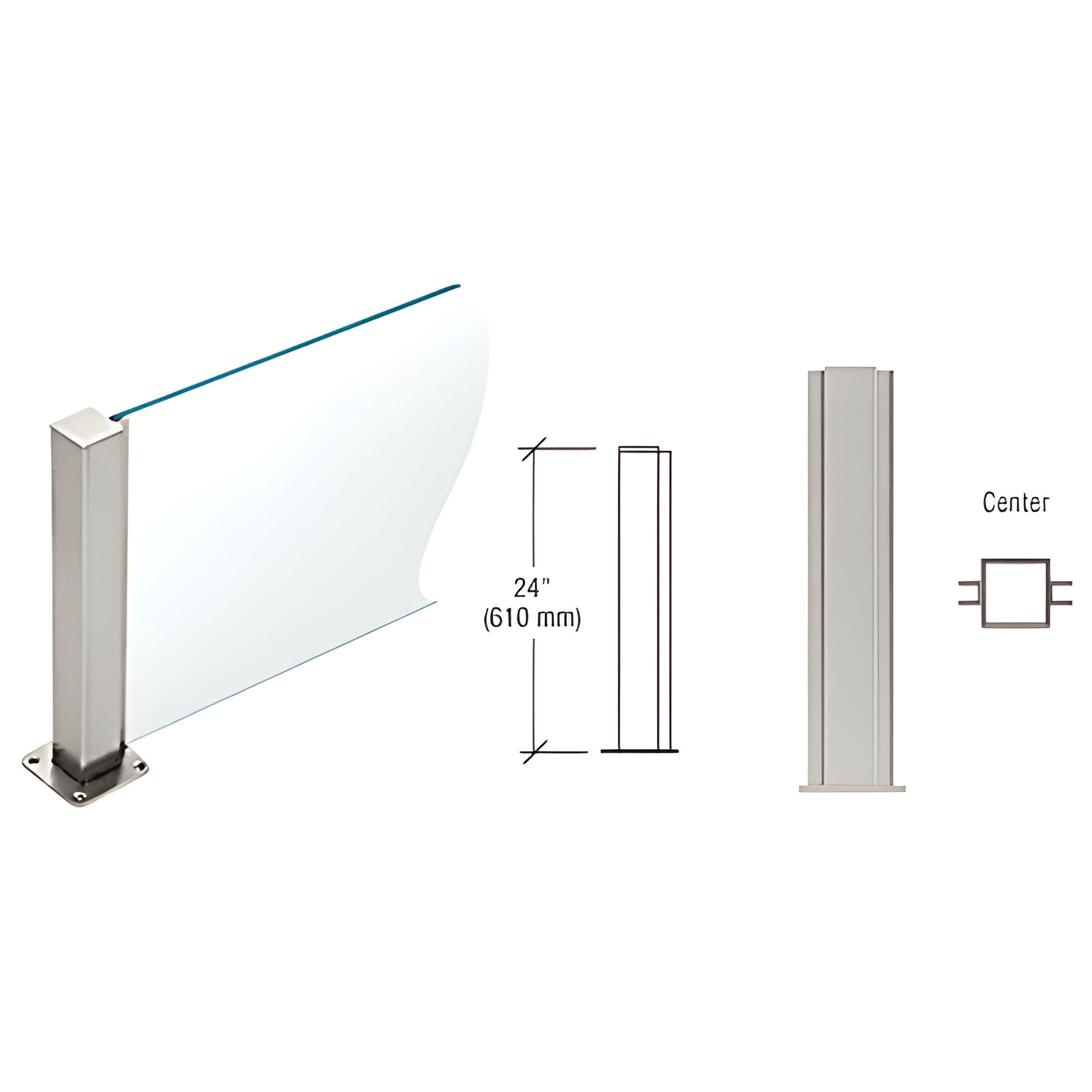 24" brushed stainless steel square center post with welded flange base and U channel for 3/8" glass (Plaza Series)