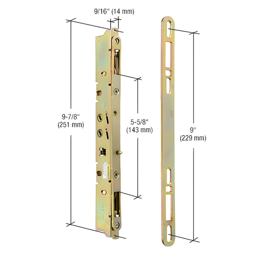 E2473 zinc-plated multi-point mortise patio door lock with thumbturn, 9-7/8" body and 9" faceplate