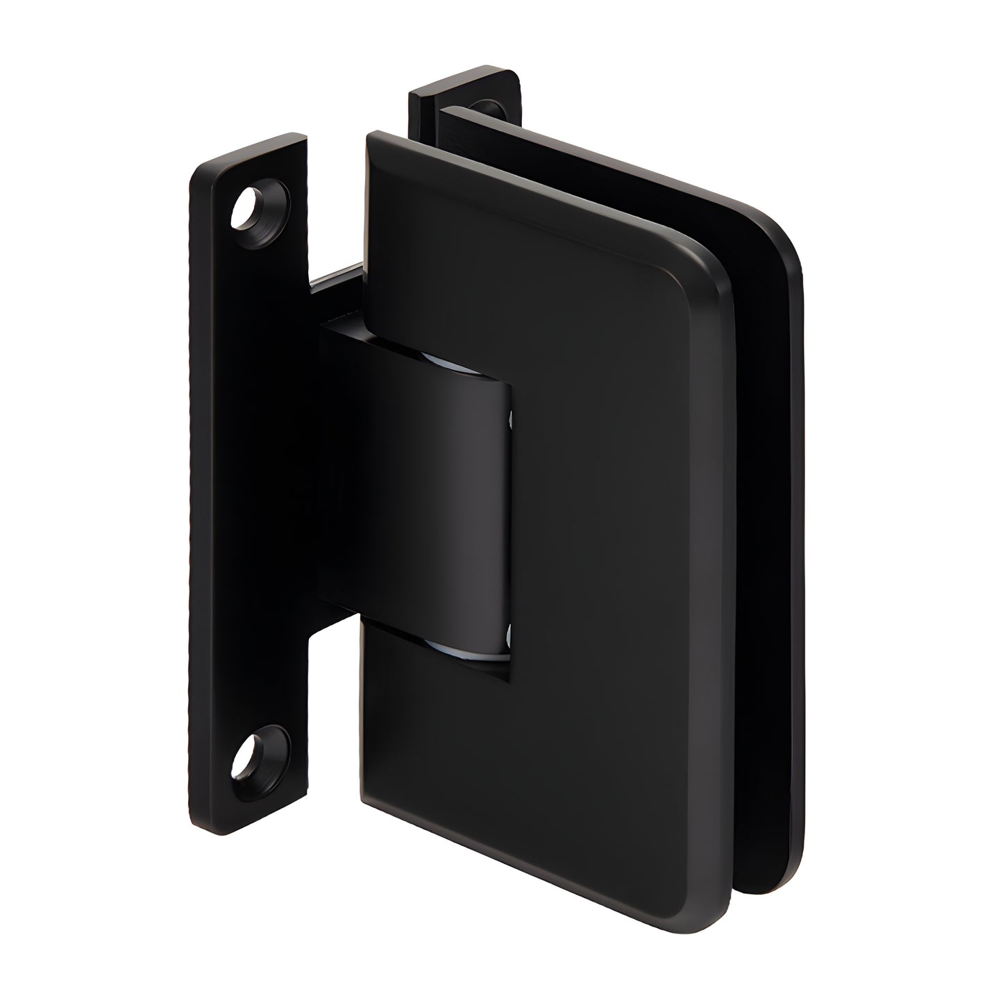 Matte black Plymouth frameless shower door hinge, solid brass wall-mount for 3/8-1/2" glass (SKU PLY037MBL)