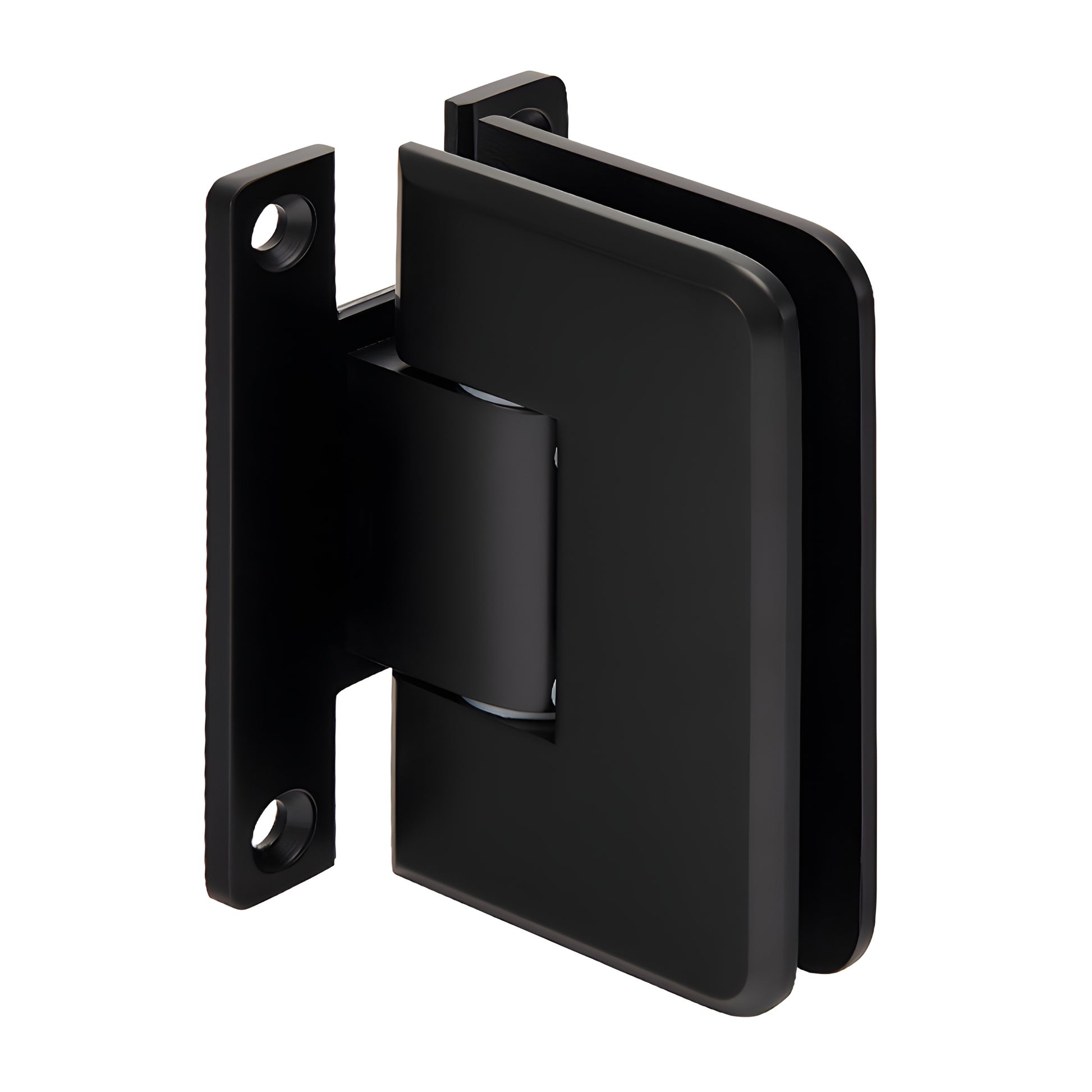 Matte black Plymouth frameless shower door hinge, solid brass wall-mount for 3/8-1/2" glass (SKU PLY037MBL)