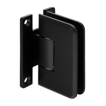 Matte black Plymouth frameless shower door hinge, solid brass wall-mount for 3/8-1/2" glass (SKU PLY037MBL)