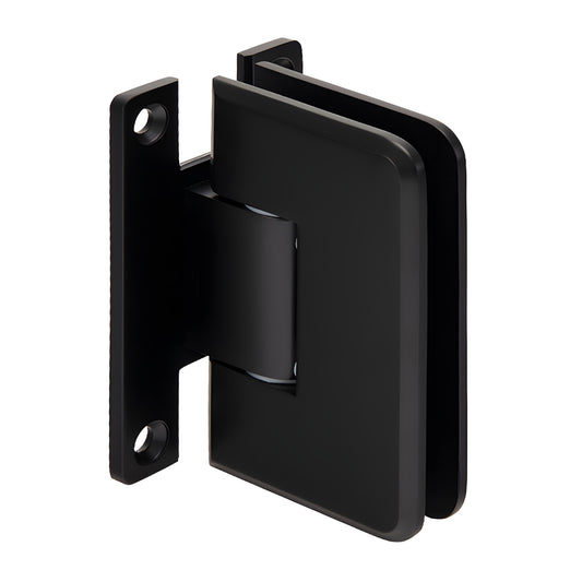 Matte black Plymouth frameless shower door hinge, solid brass wall-mount for 3/8-1/2" glass (SKU PLY037MBL)