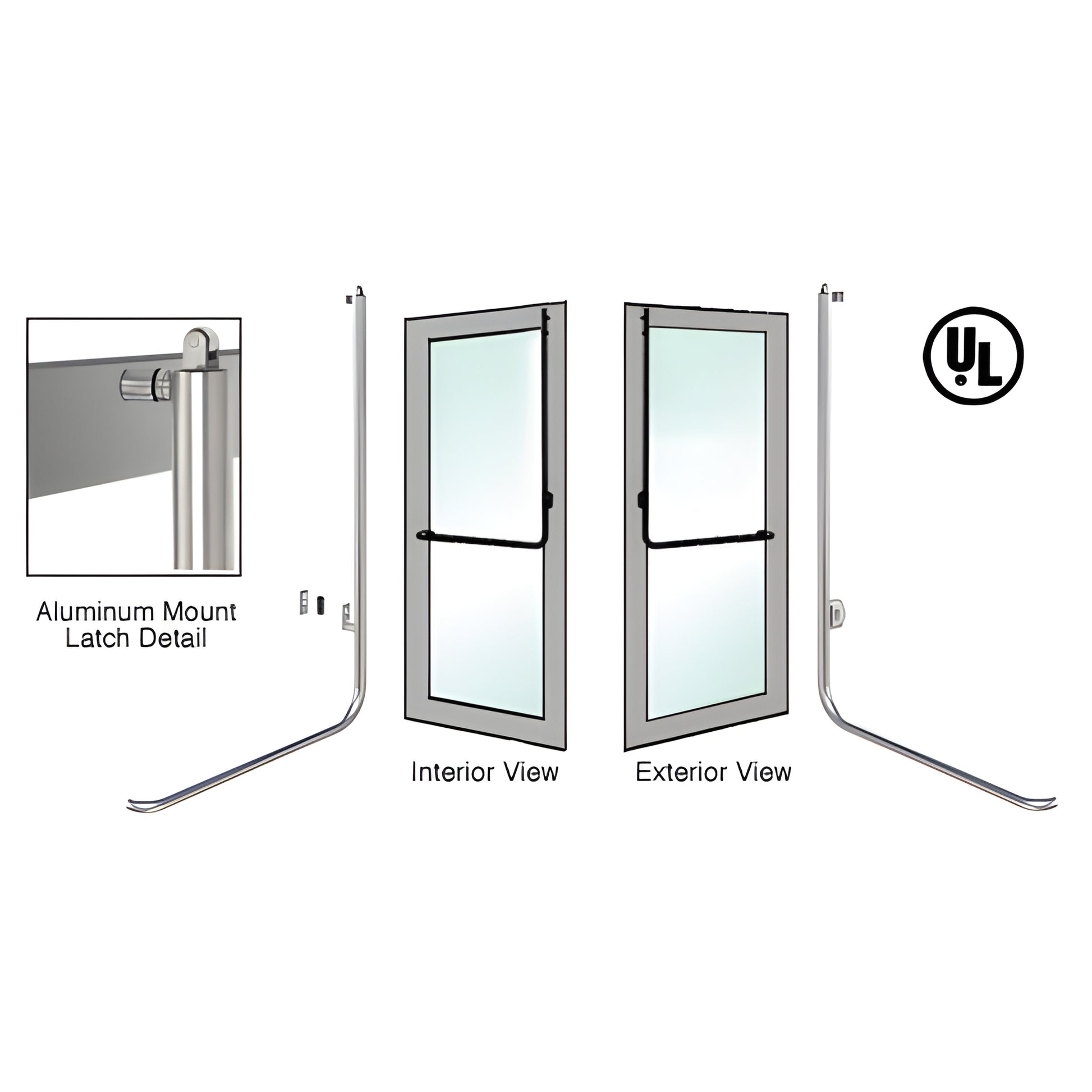 PA100D3AKBS brushed stainless panic handle for 1/2" or 3/4" tempered glass doors, tubular interior/exterior views, aluminum m