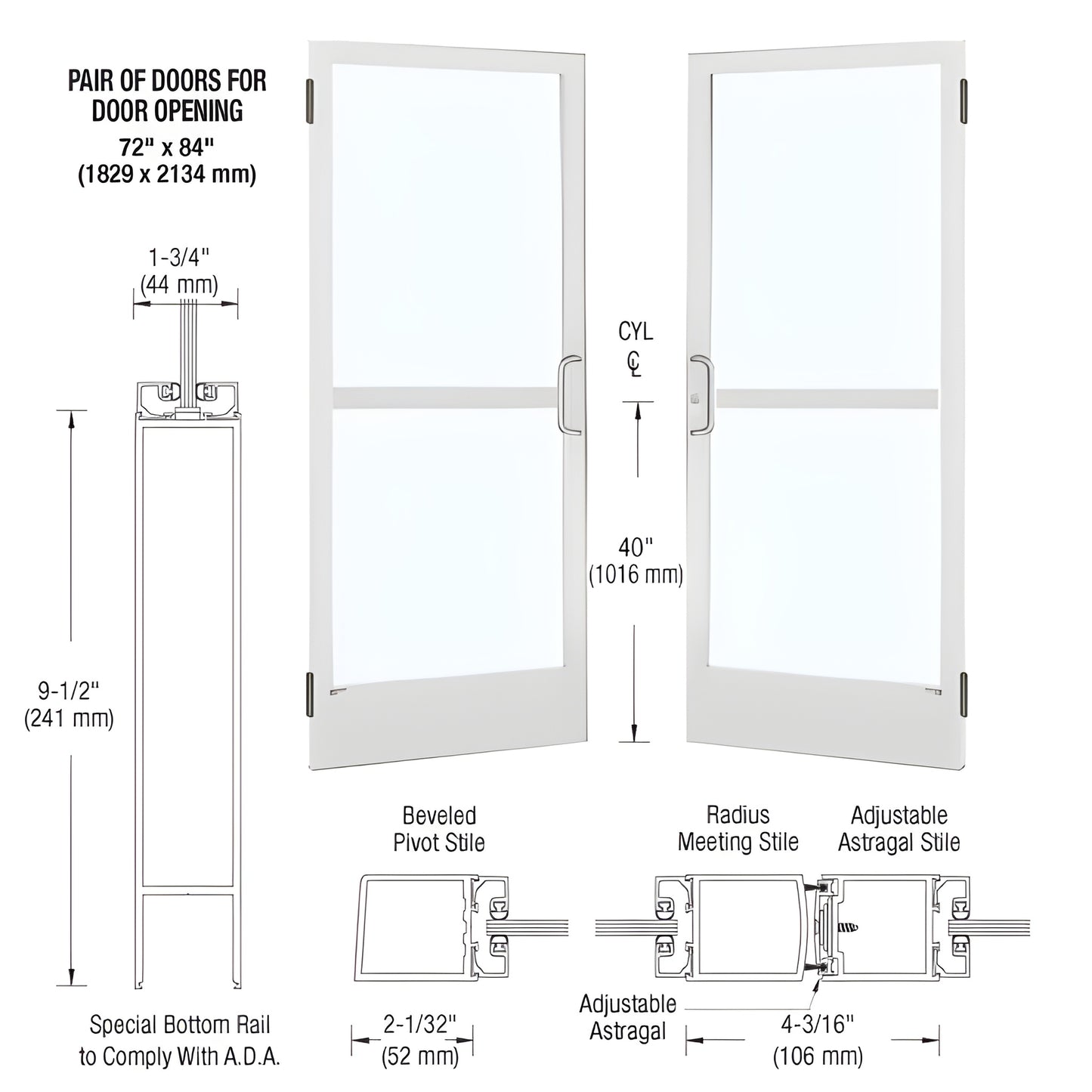 CRL CZ22552 white Kynar narrow stile commercial glass double doors, 9.5" ADA bottom rail, prepped for panic hardware