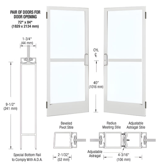 CRL CZ22552 white Kynar narrow stile commercial glass double doors, 9.5" ADA bottom rail, prepped for panic hardware