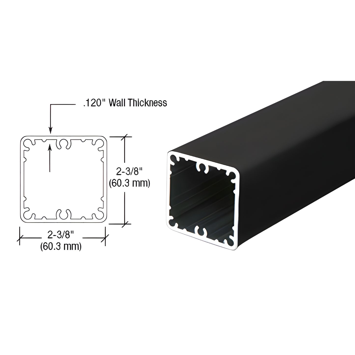 Matte black 2-3/8" square aluminum railing post, 36" height, 0.120" wall, extruded profile, SKU 1P36BL