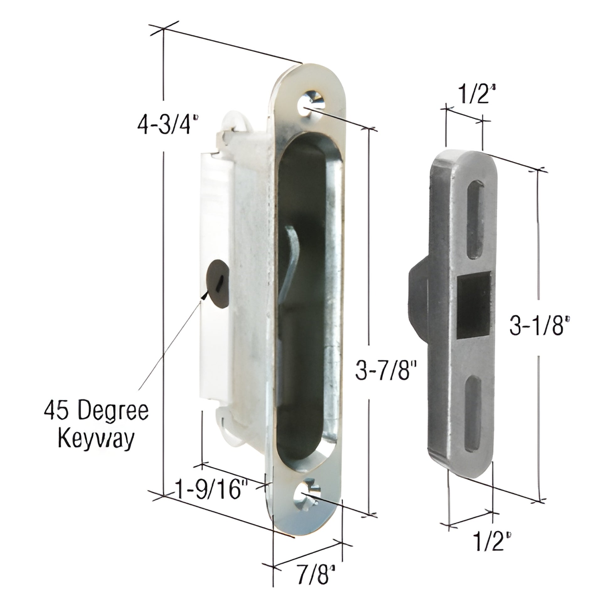 Traco-compatible aluminum pocket latch and keeper, stamped hook, 45 keyway, 1-9/16" depth - SKU E2126.