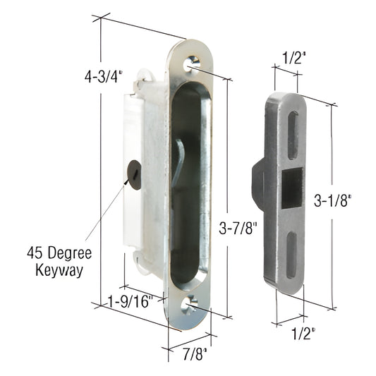 Traco-compatible aluminum pocket latch and keeper, stamped hook, 45 keyway, 1-9/16" depth - SKU E2126.