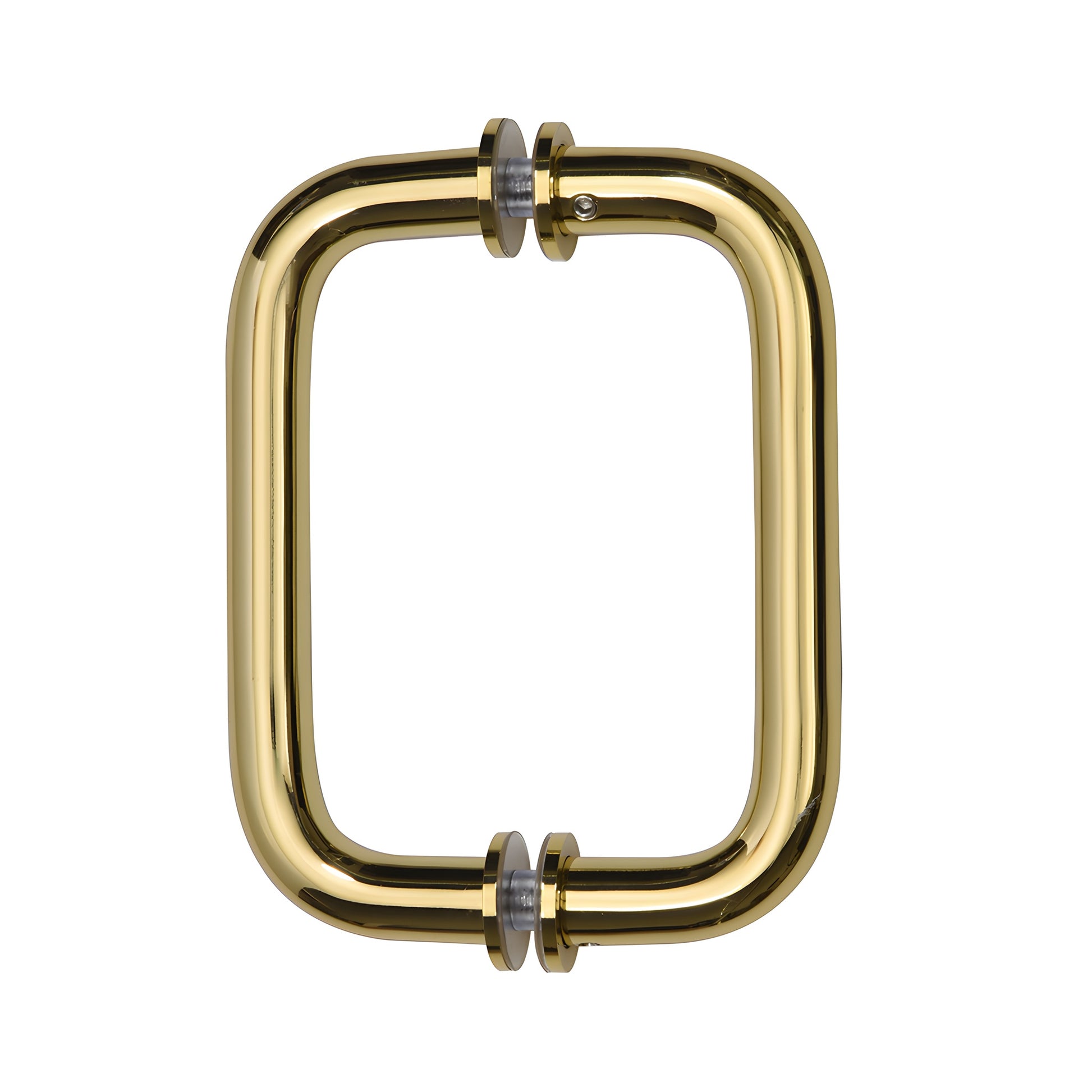 Polished brass back-to-back tubular glass door pull handle with decorative metal washers, 6" center-to-center (SKU BM6X6BR)