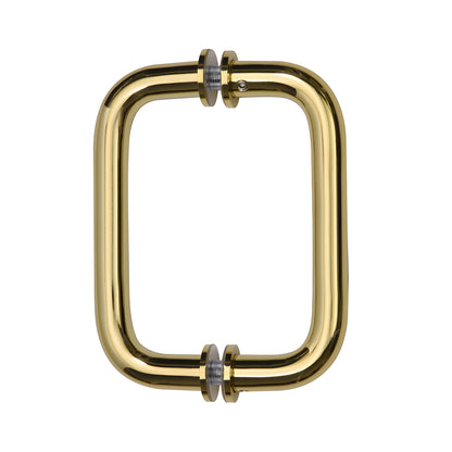 Unlacquered brass back-to-back tubular door pull with decorative metal washers, 6" center-to-center, for glass doors