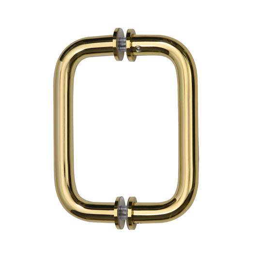 Unlacquered brass back-to-back tubular door pull with decorative metal washers, 6" center-to-center, for glass doors