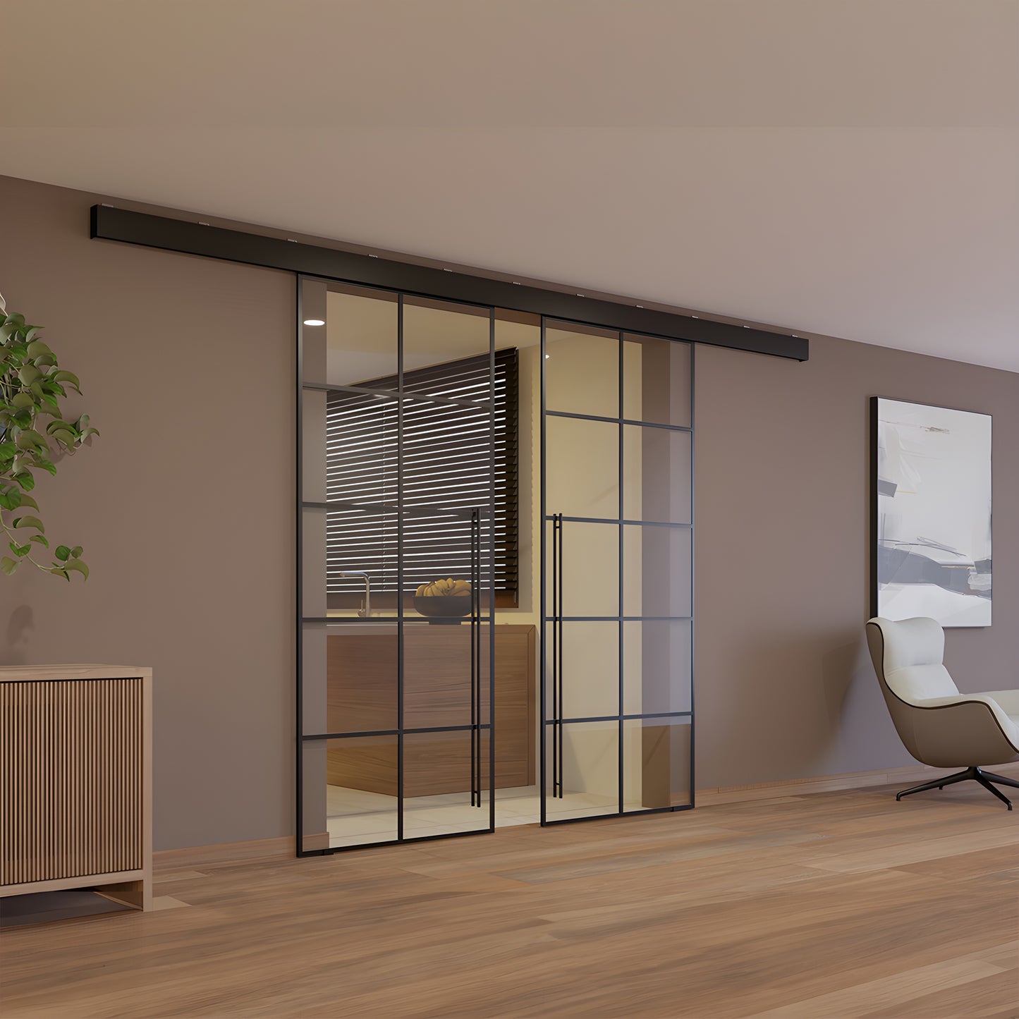 CRL50S2MBL matte-black top track for synchronized bi-parting tempered glass doors with two sliding panels.