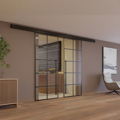CRL50S2MBL matte-black top track for synchronized bi-parting tempered glass doors with two sliding panels.