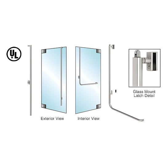 Brushed stainless steel glass-door panic handle for 3/4" tempered glass, shown exterior and interior views.