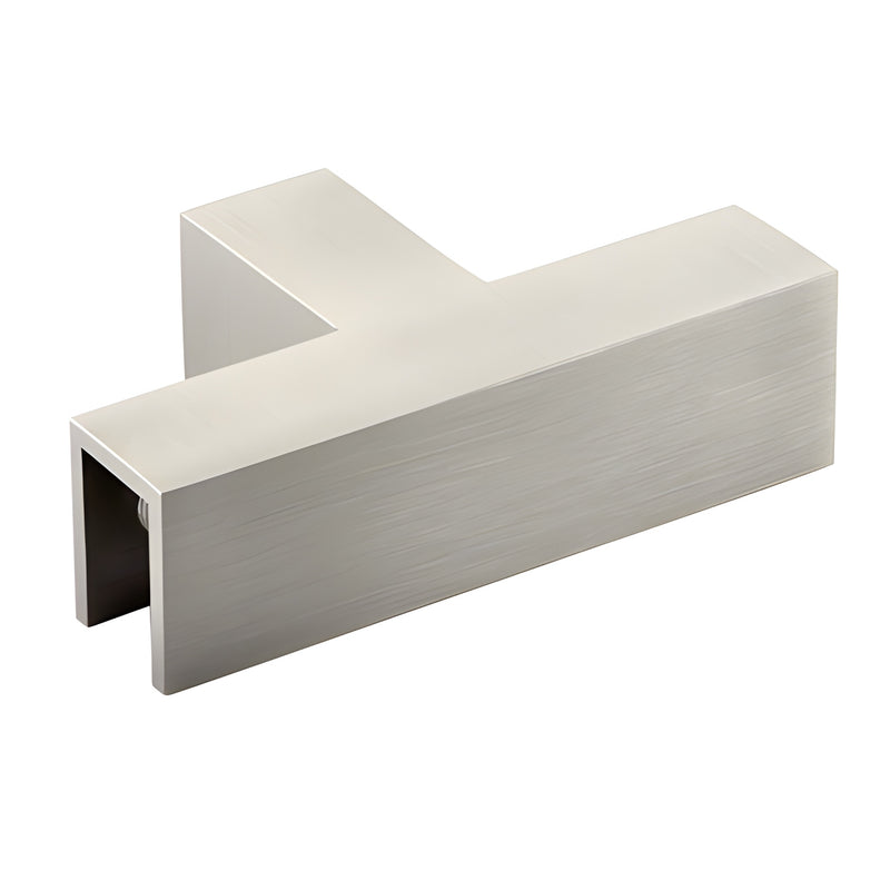Brushed-nickel sleeve-over-glass T-junction clamp for 90 glass-to-glass joins, fits 8-12mm glass (SKU S0GCT90BN)