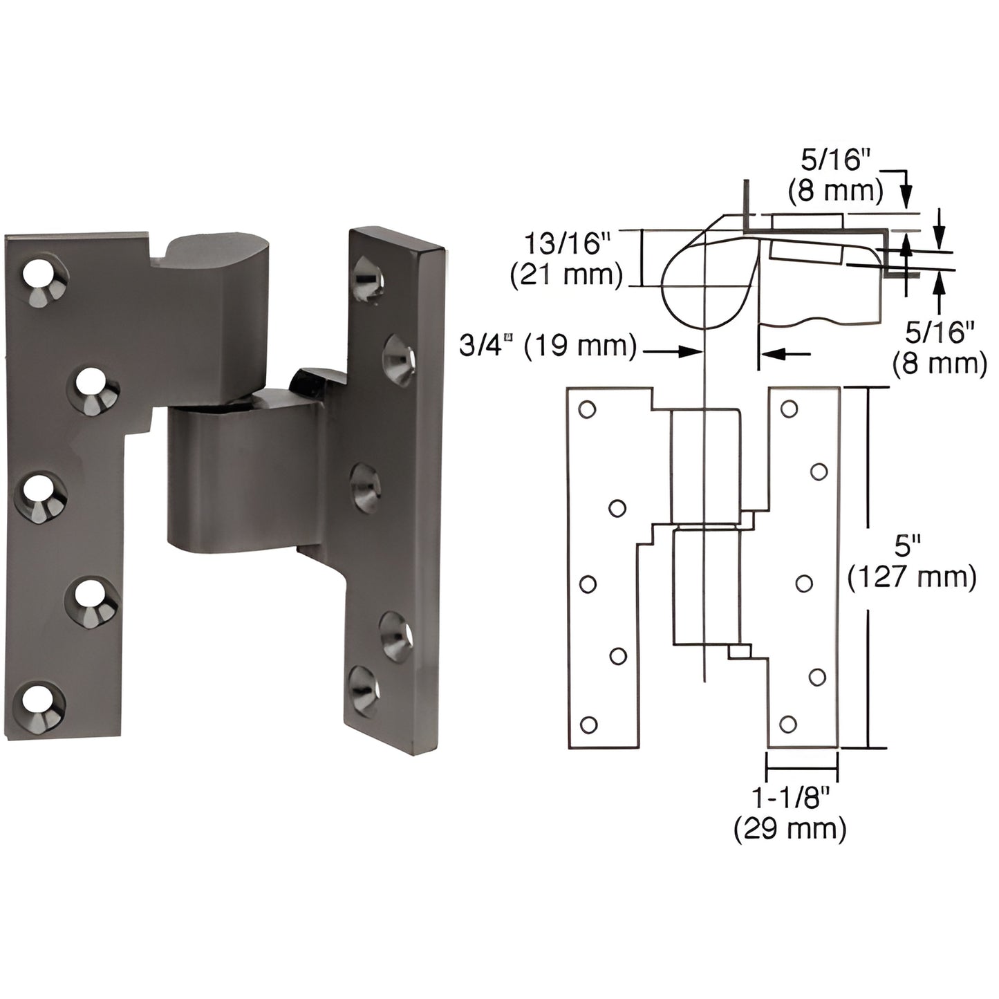 Rixson M19RHDU 3/4" offset intermediate mortised door pivot, dark bronze aluminum with mounting holes and diagram