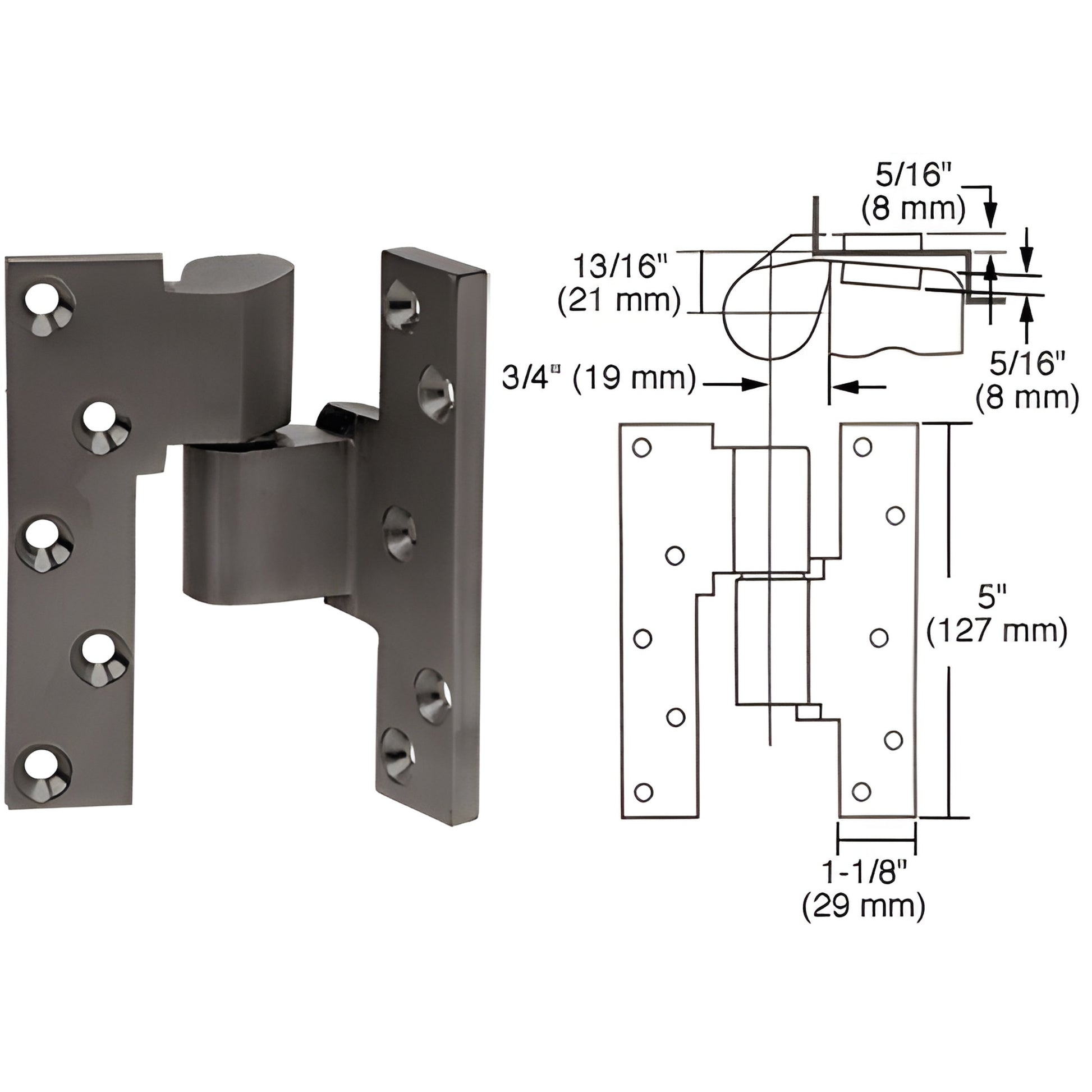 Rixson M19RHDU 3/4" offset intermediate mortised door pivot, dark bronze aluminum with mounting holes and diagram