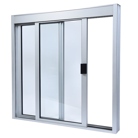 DW36360XGA satin anodized aluminum 36x36 sliding service window, factory glazed 1/4" tempered glass, self-latching handle
