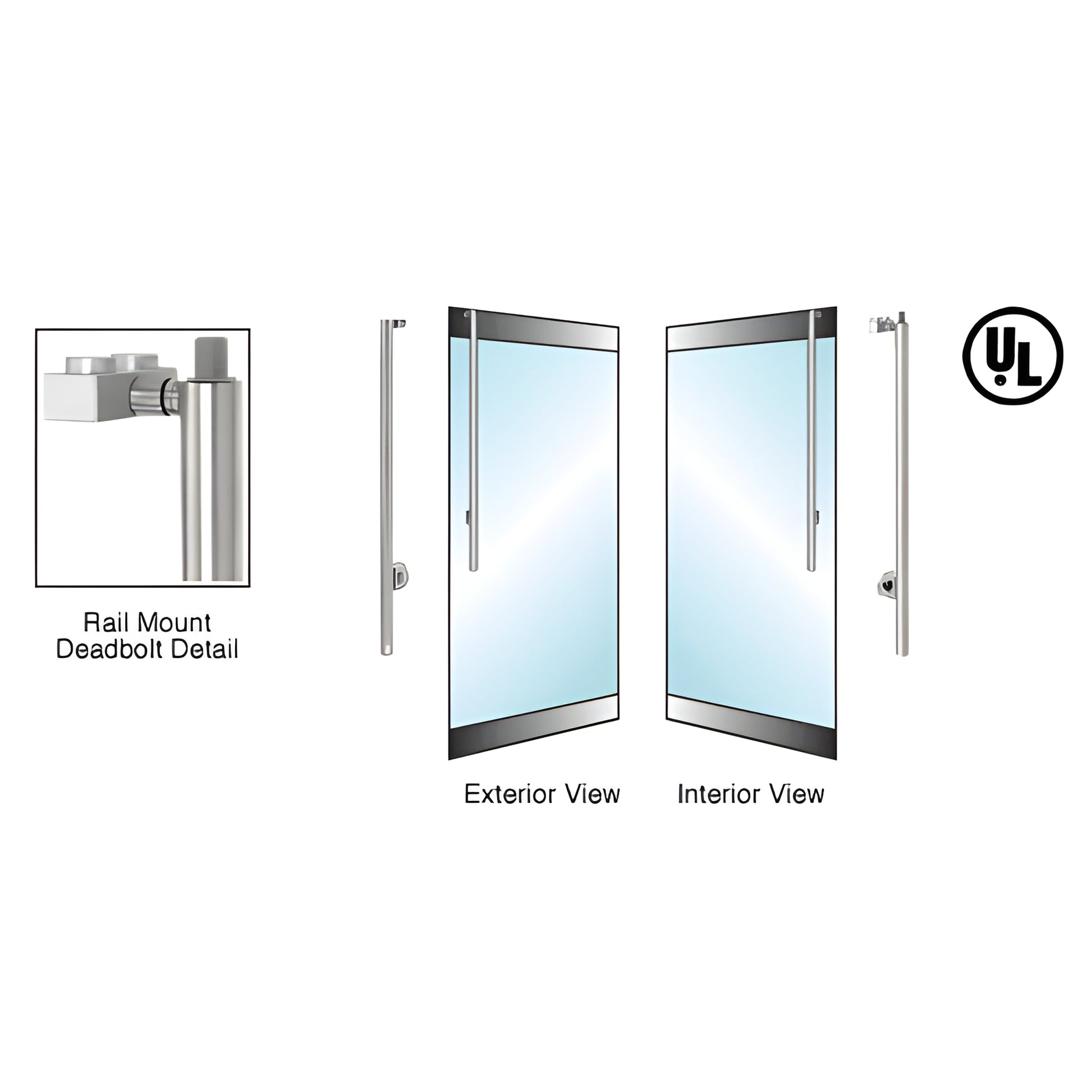 DB170JS5R1BS brushed stainless steel 1-1/4" rail-mount deadbolt handle for 1/2" glass doors, right-hand, both sides.