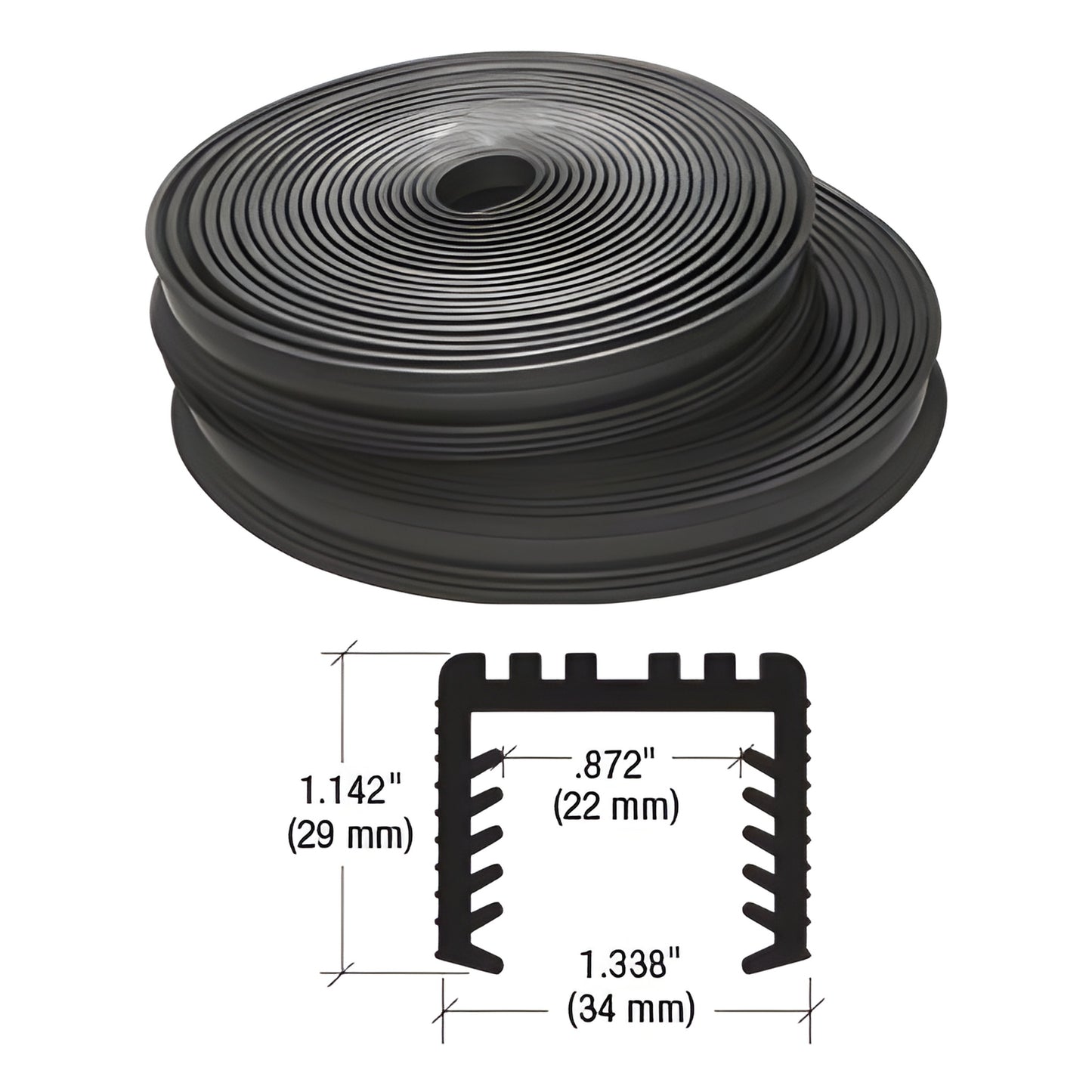 LR252PV black rubber cap rail insert roll with U-shaped, ribbed cross-section (fits laminated glass; dimensions shown)