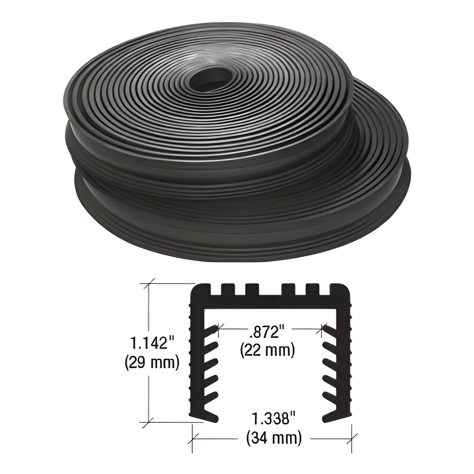 LR252PV black rubber cap rail insert roll with U-shaped, ribbed cross-section (fits laminated glass; dimensions shown)