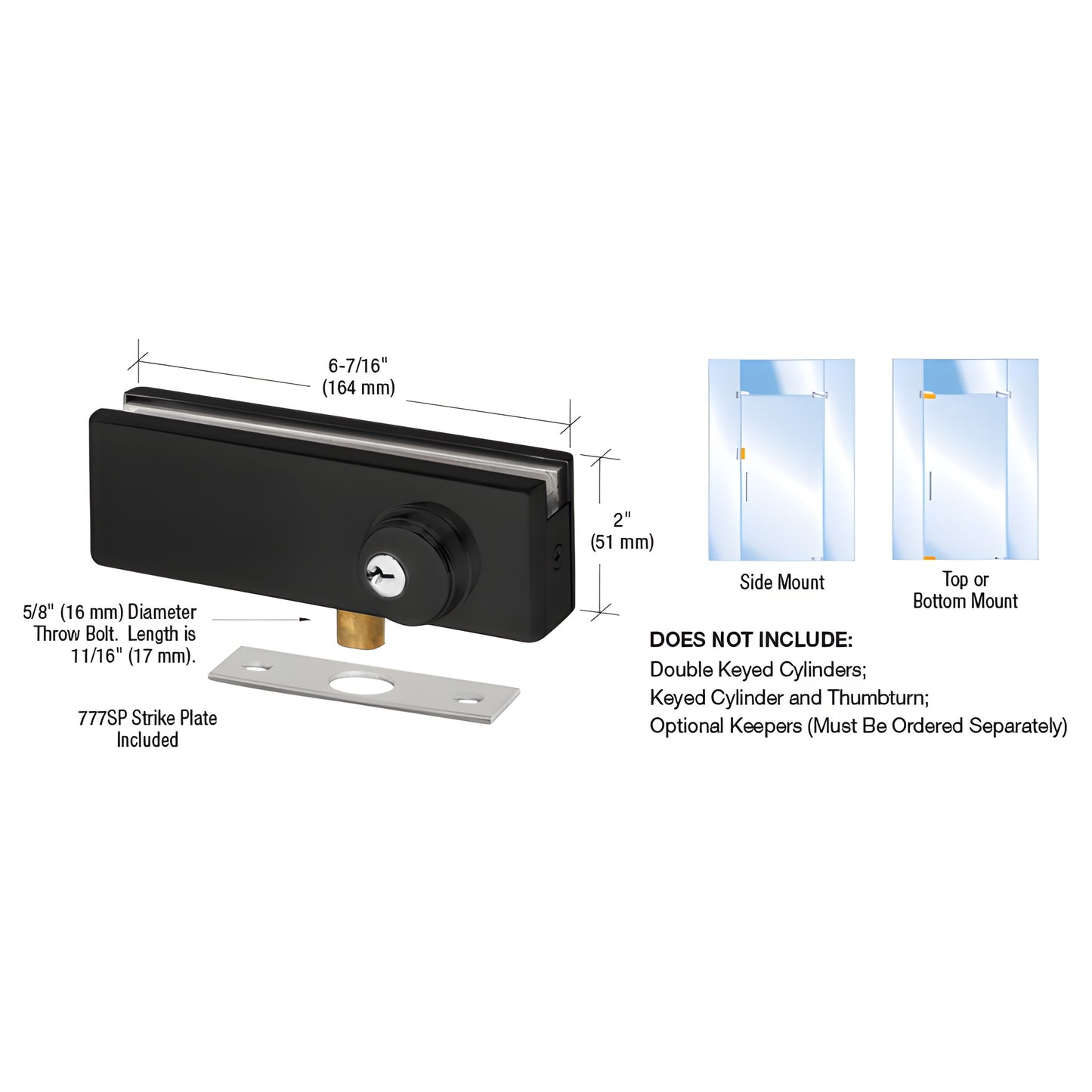 AMR205MBL matte black patch lock for glass doors with strike plate, 164 51 mm, fits 10-12 mm (3/8-1/2") glass