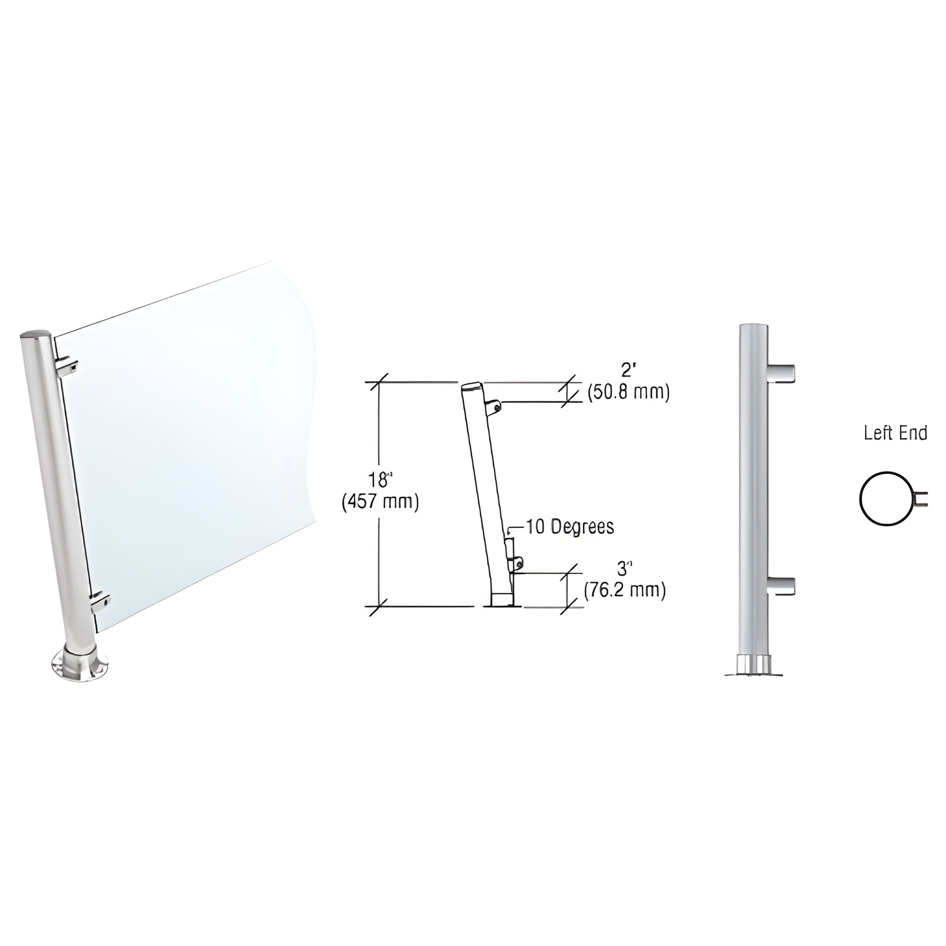 PP65LEBS: 18" brushed stainless left-hand slanted round post with end standoffs for 3/8" glass sneeze guard.