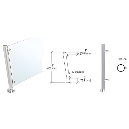 PP65LEBS: 18" brushed stainless left-hand slanted round post with end standoffs for 3/8" glass sneeze guard.
