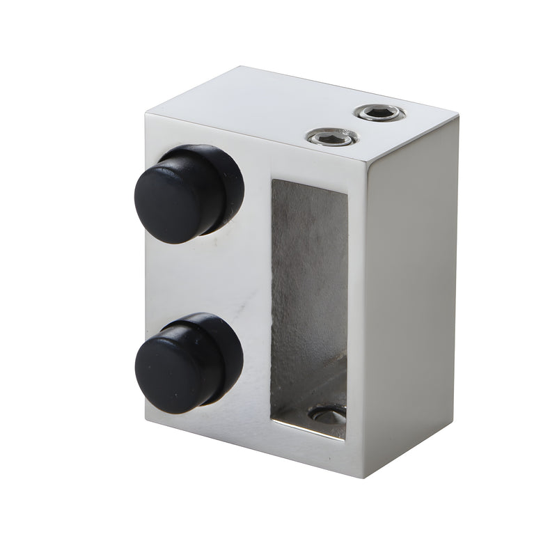 Polished stainless steel shower door stopper with two black rubber bumpers, rectangular replacement (SERNDS1PS)