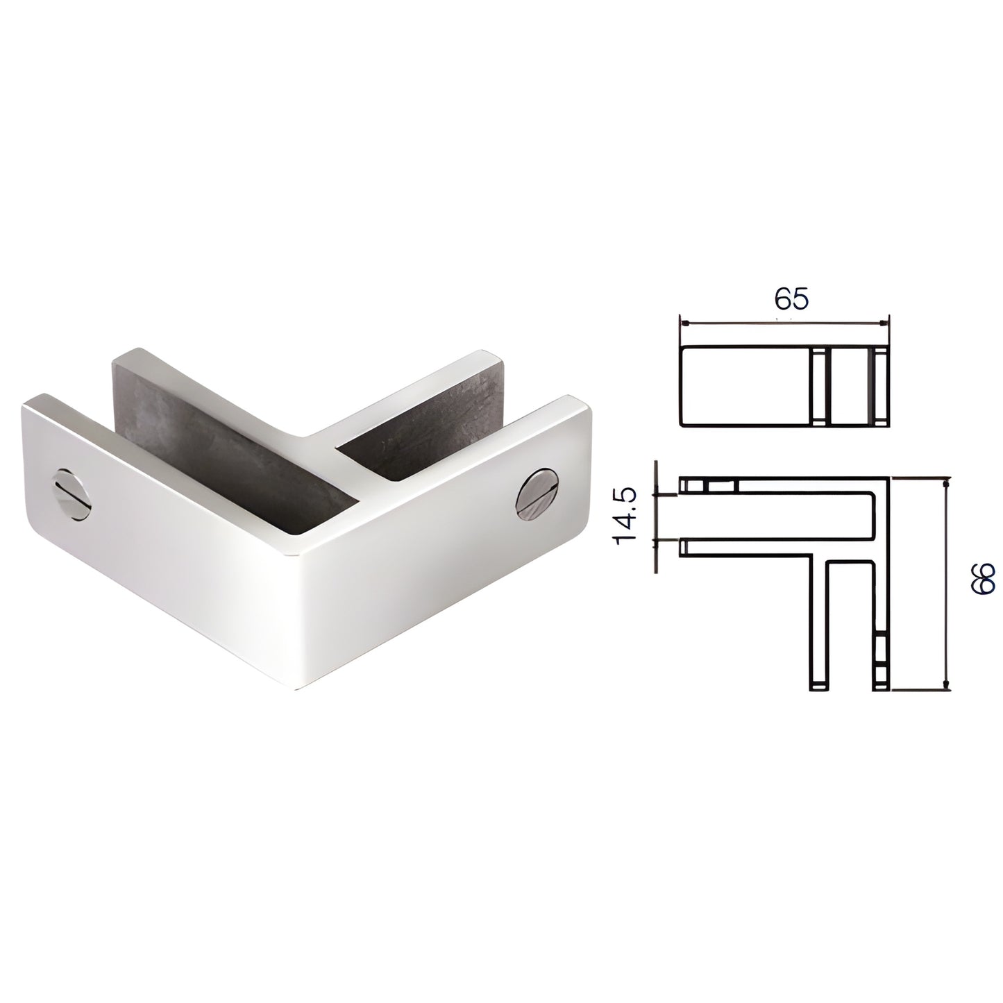 Polished stainless steel corner glass bracing clamp (SKU: GBC90PS) for 12mm/13.52mm glass, no-drill grub-screw fixing.