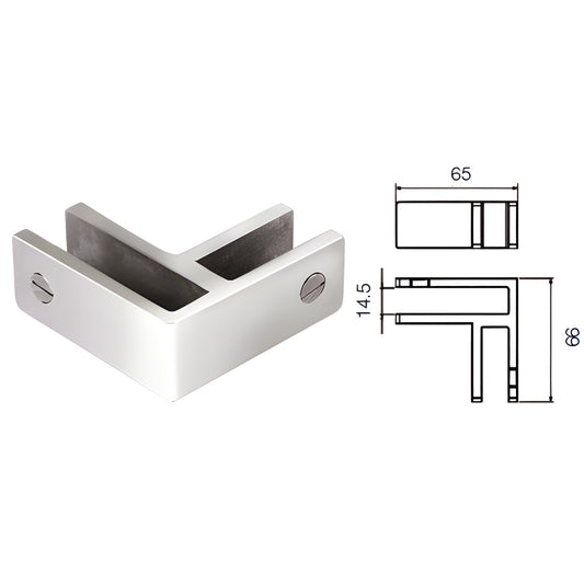 Polished stainless steel corner glass bracing clamp (SKU: GBC90PS) for 12mm/13.52mm glass, no-drill grub-screw fixing.