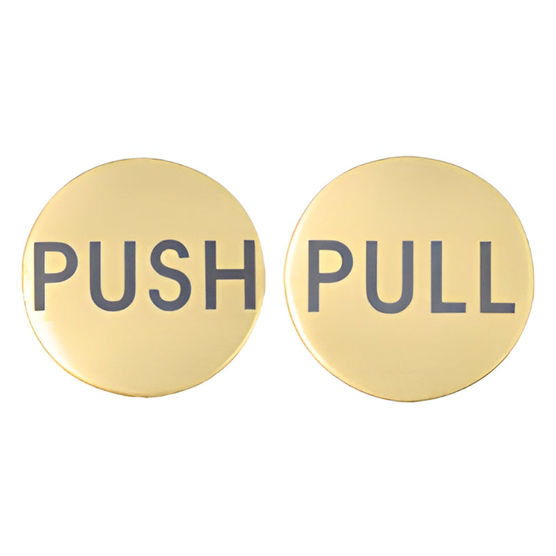 Satin brass 2" round PUSH and PULL door indicators, engraved dark letters, set of two (SKU RPP2SB).