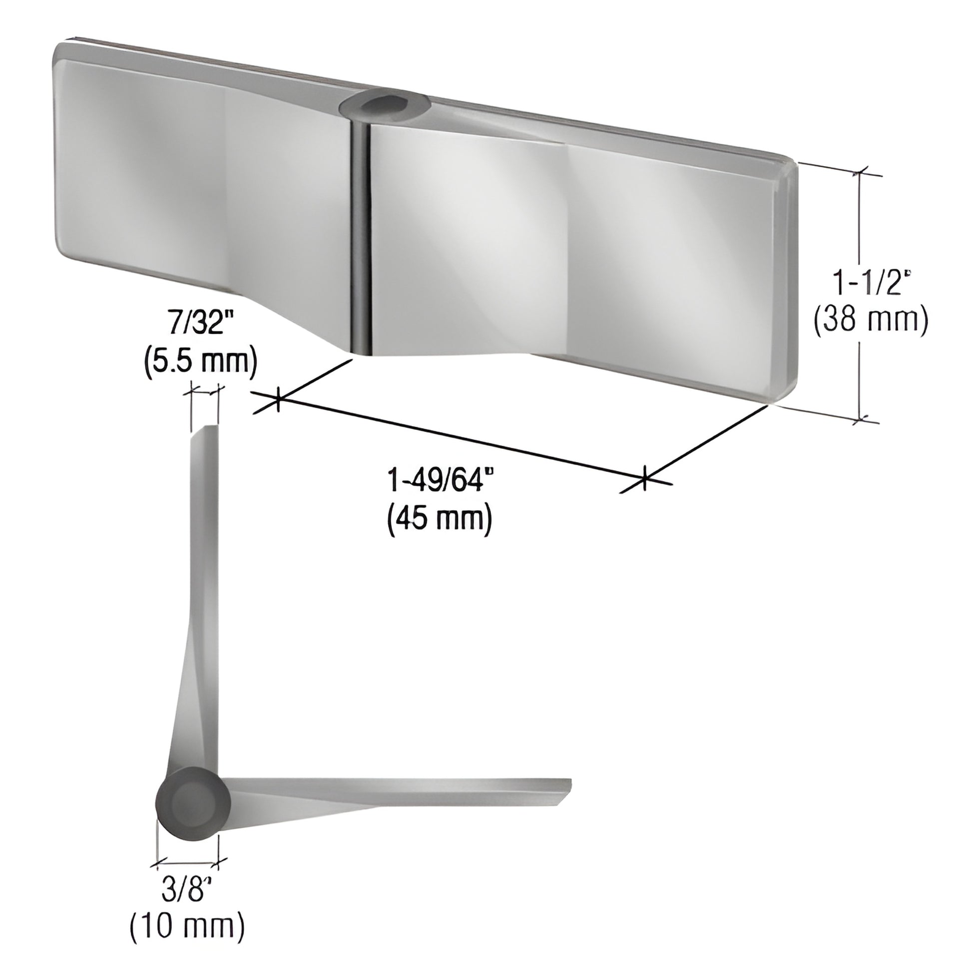 UVHG1BS brushed stainless steel glass-to-glass hinge, self-centering, 1-1/2 in. high, 45 mm wing.