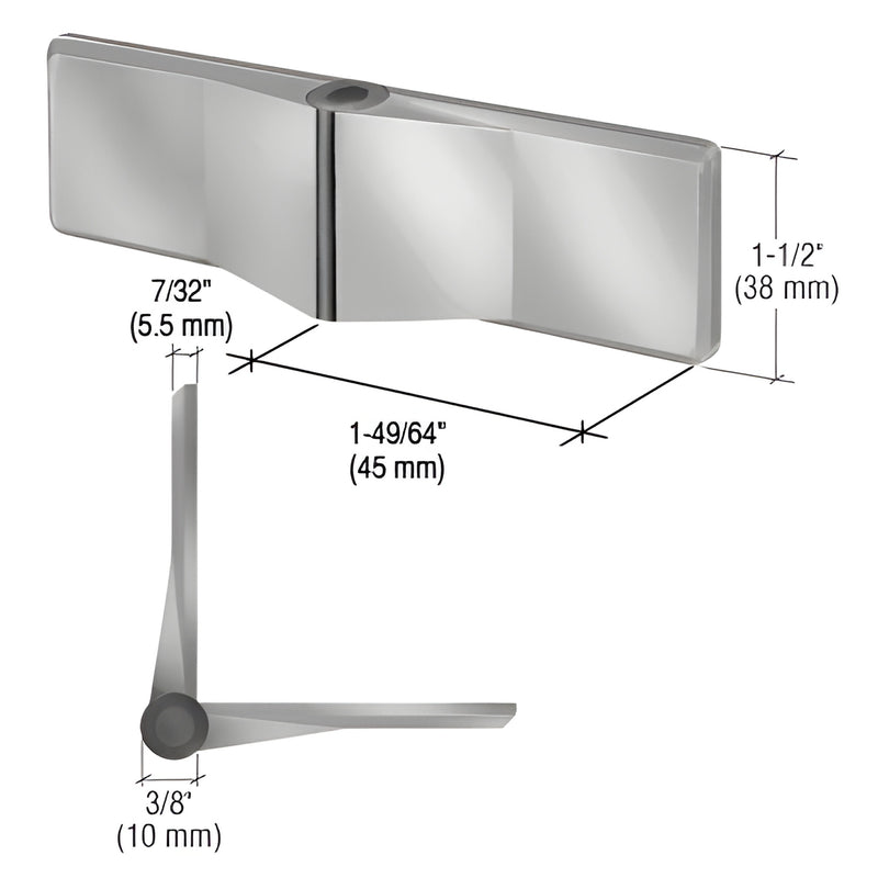 UVHG1BS brushed stainless steel glass-to-glass hinge, self-centering, 1-1/2 in. high, 45 mm wing.