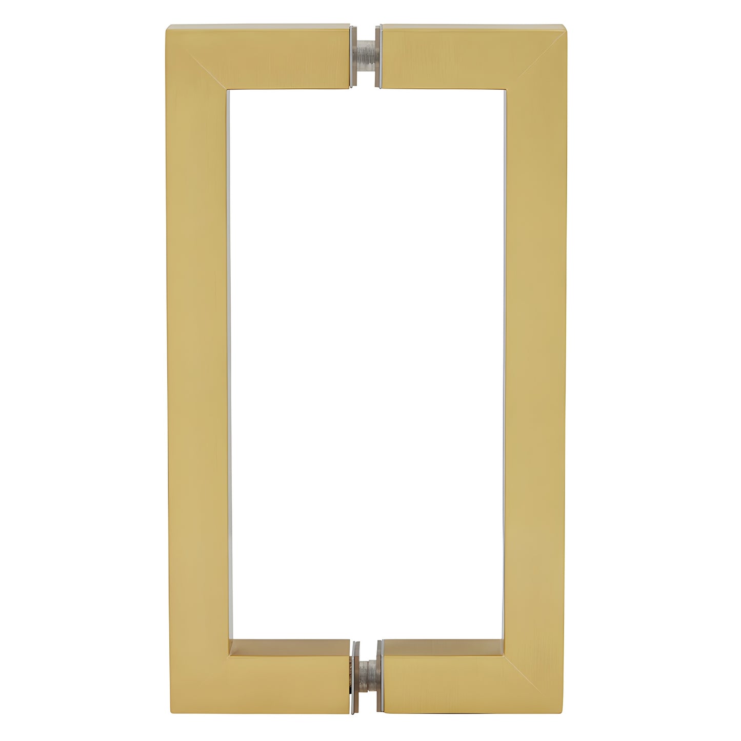 Satin brass SQ Series square-corner tubular pull handle, 8 in C-C, back-to-back glass mount SKU SQ8X8SB