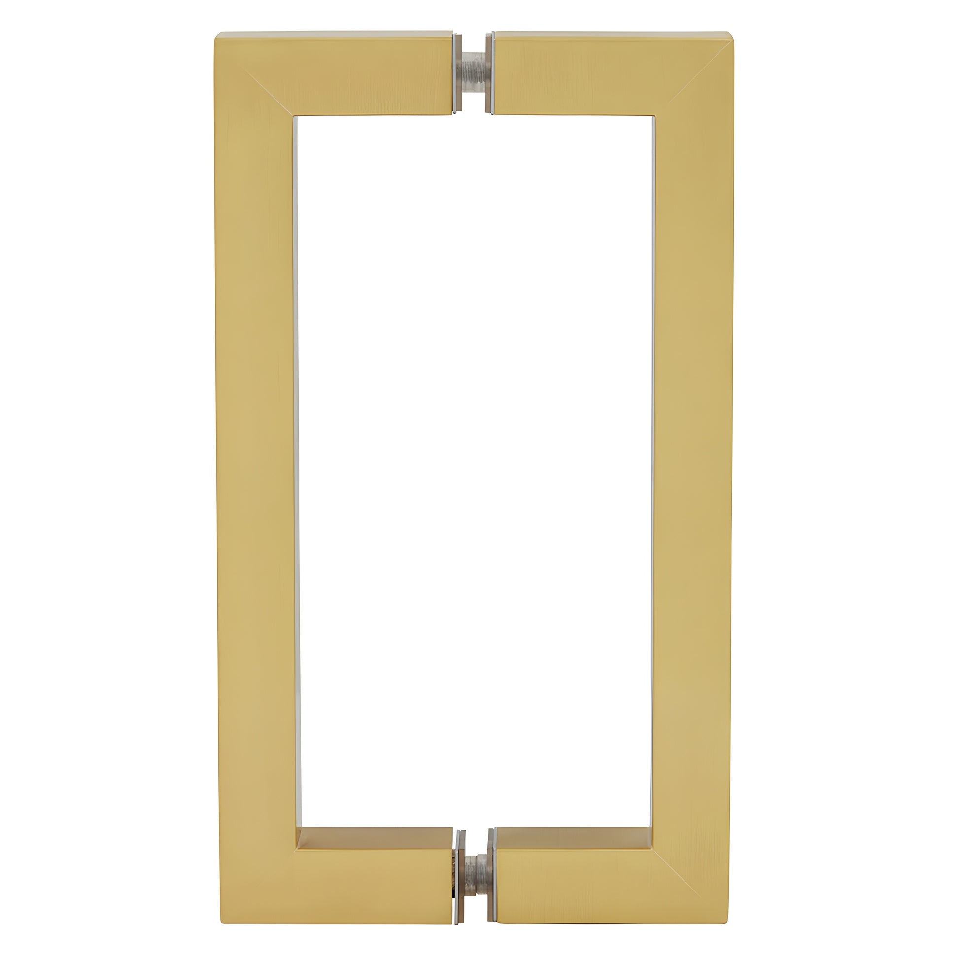 Satin brass SQ Series square-corner tubular pull handle, 8 in C-C, back-to-back glass mount SKU SQ8X8SB