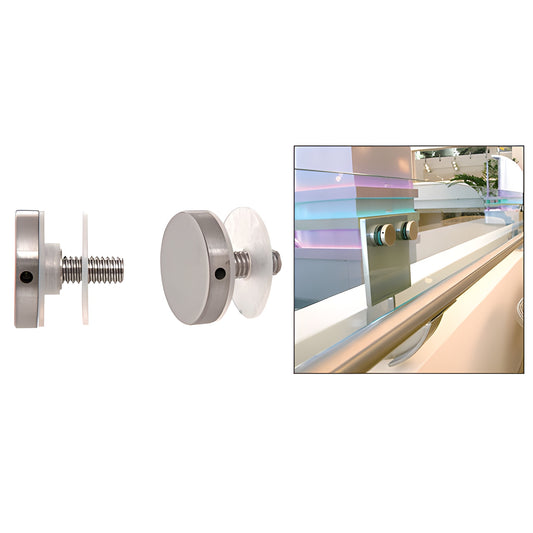 CAP112BS 1-1/2 brushed 316 stainless standoff cap with 3/8-16 screw and side access hole, shown on glass railing